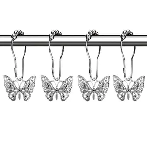 12 Piece Butterfly Shower Curtain Rings Hooks, Decorative Curtain Hooks, Rust Resistant Roller Shower Curtain Hooks, Bathroom Accessories