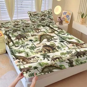 3-Piece Cartoon Dinosaur Bedding Set — Jungle T-Rex Print Fitted Sheet Set — The Perfect Holiday Gift for Kids' or Teens' Bedroom Decor — Soft & Comfortable (Includes 1 Fitted Sheet + 2 Pillowcases)