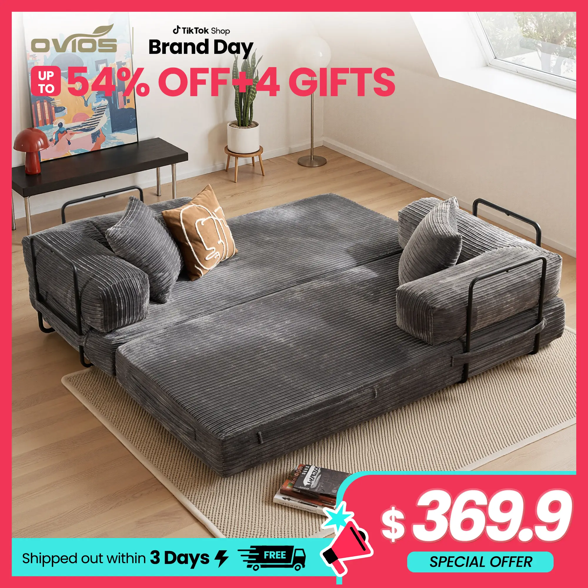 【Fall Deals For You】Ovios 81" Convertible Boneless Sofa Bed, Fold Out Loveseat Sleeper Couch with Pillow, 4 in 1 Modular Cloud Corduroy Folding Queen