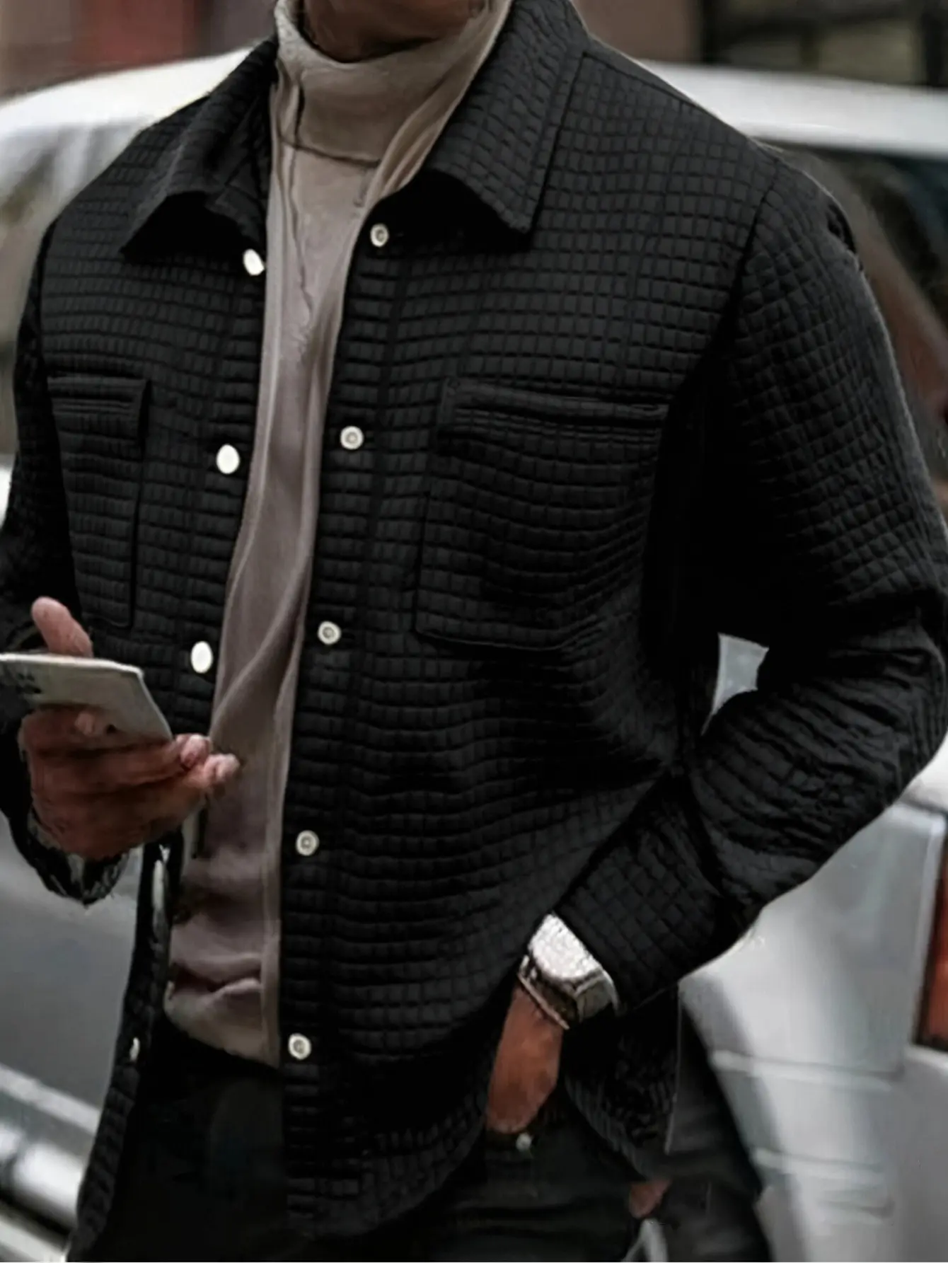 Men’s waffle-texture jacket with notched lapel collar, two chest pockets, button closure; lightweight, casual, loose fit street-style outerwear