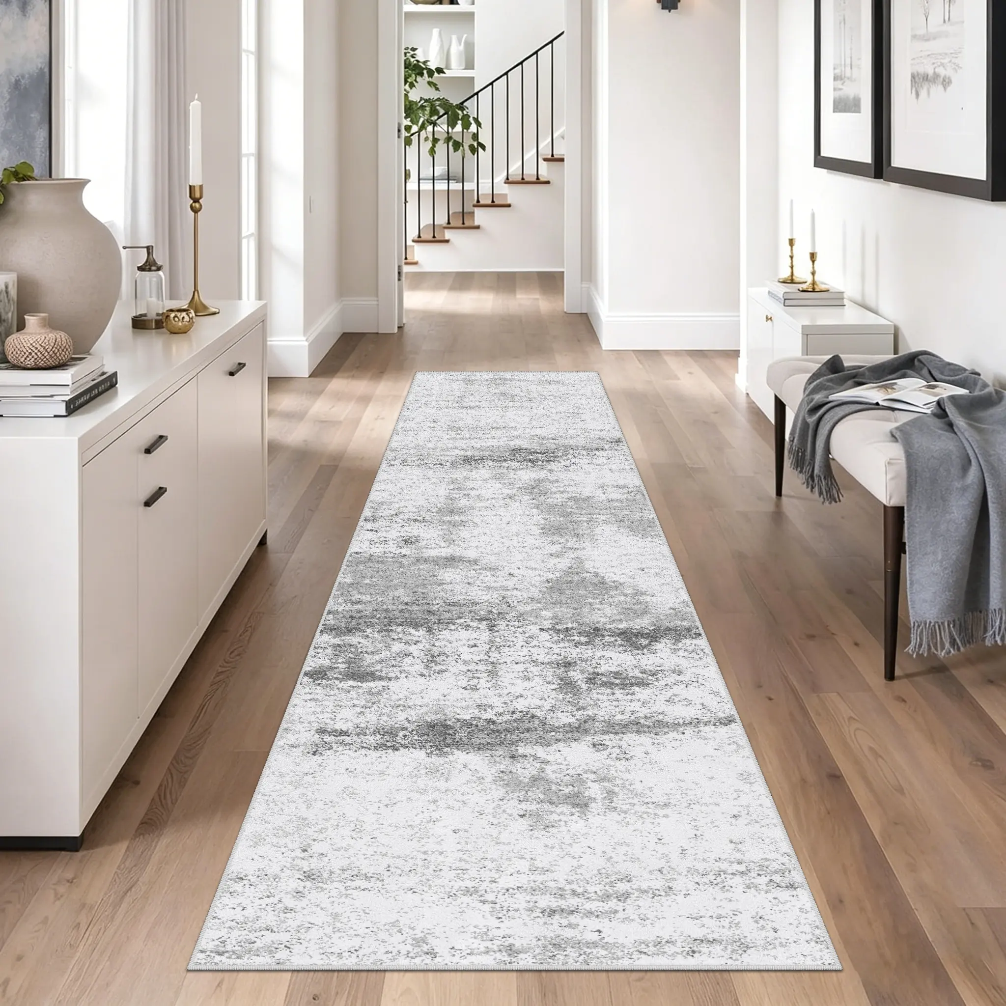 2'x10' Modern Abstract Washable Runner Rug - Printed Polyester Surface, High-Density Anti-Slip Backing, Thin Foldable Rug for Hallway, Kitchen & Entryway