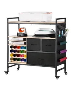 Rolling Craft Cart and Storage Table With 20 Vinyl Roll Holders, 3 Drawers, Black Finish, Mobile Studio Organization Cart, Portable Craft Room Organizer With Wheels, Durable Steel Frame, Large Work Surface, Easy Access Storage