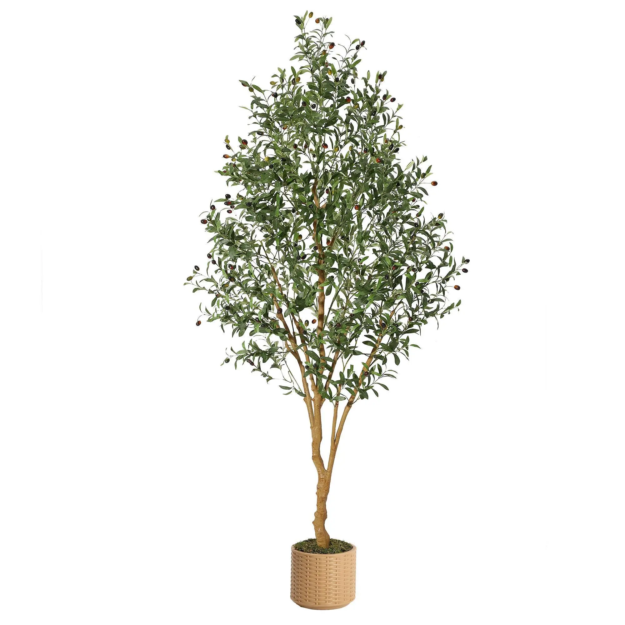 Gaomon 8ft Tall Pre-Assembled Brown Synthetic Artificial Tree with Planter - Faux Plants Indoor Decor, Room Decor, Natural Wood Trunk, Silk Leaves, Adjustable Limbs, Photorealism Lifelike Fruits (1 Pack), Heavy Pot