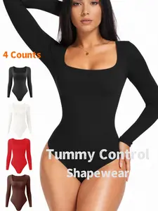 Women's Plain Long Sleeve Crop Shapewear Bodysuit, Thong Design, Square Neck Slimming Tummy Control, Ladies Underwear & Shapewear