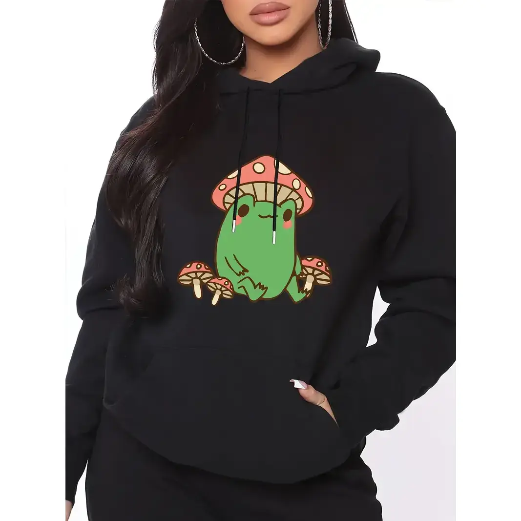 Mushroom & Frog Print Drawstring Cute  T-shirt,  Hoodie and Sweater Cotton Womenswear Light Polyester