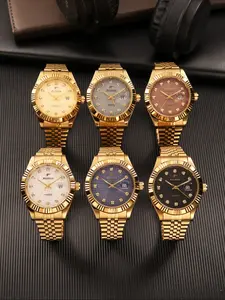 RICECGO Men's, Gold-Tone Casual Business Timepiece, Mesh Dial with Diamond Accents, Solid Gold Bracelet with 3D Bezel, Date Display, Premium-Quality Design Suitable for Daily Commutes and Light Business Settings, Business Fashion Watch