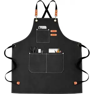 Chef Apron for Men Women Canvas Aprons with 3 Pockets Cross Back Resistant Work Apron for Cooking