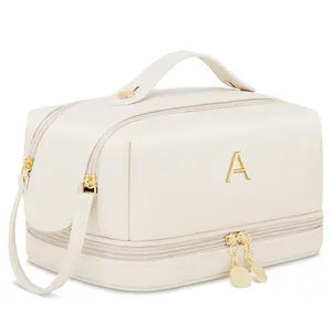 CLOUDWINGS Initial Makeup Bag for Women - Personalized Large Capacity Travel Cosmetic Bag with Makeup Brush Organizer, Portable Toiletry Pouch with Double Layer, Gifts for Women（Pink A）