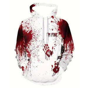Men’s “I’m Fine” graphic white hoodie with red blood splatter design (3D printed), casual streetwear pullover with kangaroo pocket, long sleeves for spring and autumn, oversized hoodie