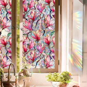 Stained Glass Window Film UV Resistant Window Privacy Film Pink Floral Privacy Rainbow Decals Living Room Bedroom Sun Blocking Decor Removable Static Cling Stickers 17 x 78.74 Inch