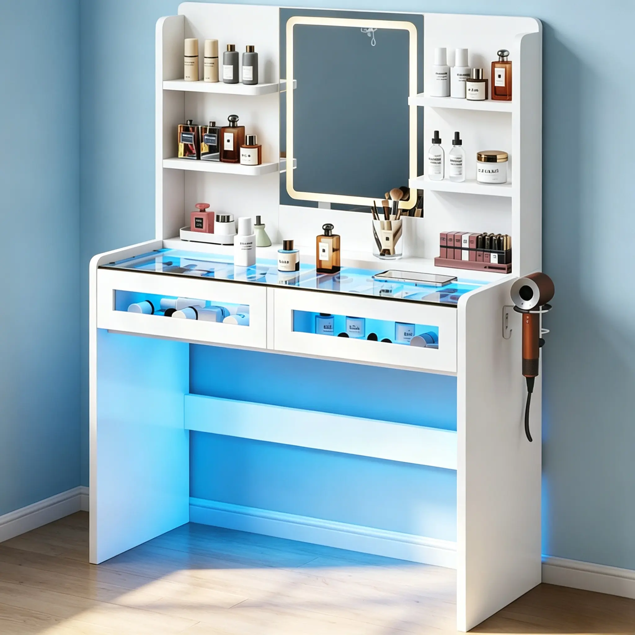 CollaredEagle Vanity Desk, Women Girls Bedroom Dressing Table, LED Light Mirror, Power Outlet, Transparent Top, RGB Drawers, Adjustable Brightness, 3 Lighting Modes