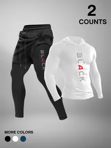 Men's Hooded Long Sleeve T-Shirt Set with Faux Two-Piece Pants, Sporty Style, Moderate Fabric, Sports Suit, Fall & Winter
