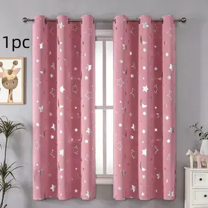 Star Moon Foil Print Blackout Curtain, Cartoon Polyester Texture Drapes for Bedroom & Living Room, All-Season Home Decor