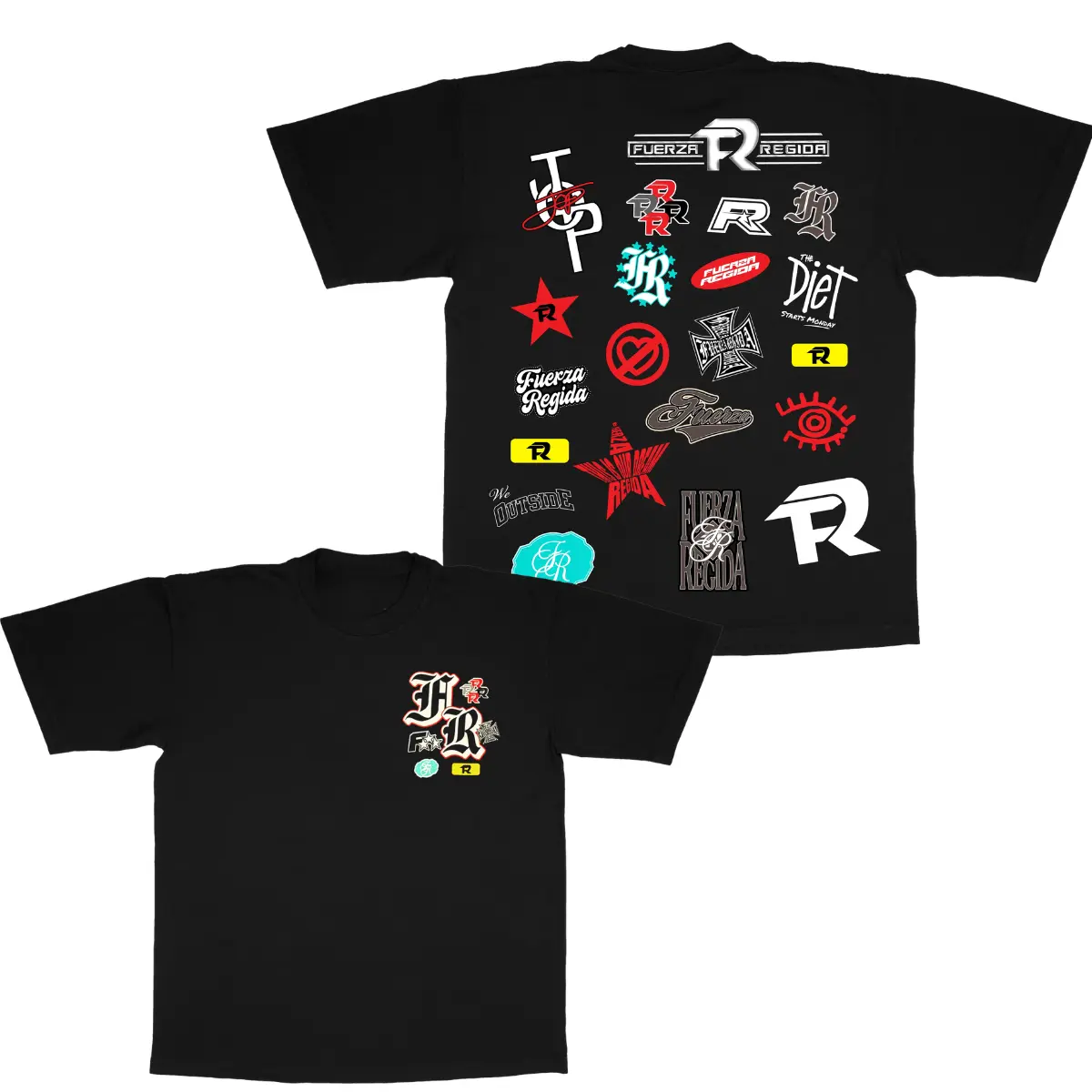 Fuerza Regida Sticker Bomb Graphic Tee - Urban Logo Collage Streetwear Shirt | JOP Pero No Te Enamores Apparel | Heavy Cotton Merch for Fans