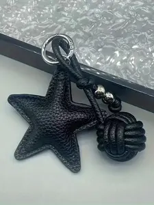Silver/Black Handmade Braided Ball & Star Pendant Woven PU Leather Ball Star Bag Charm Keychain, Keychain Accessories, Star Purse Charm Accessory Phone/Car/Handbag/Backpack Key Holder Trinket Valentine Mother‘s Day Gift