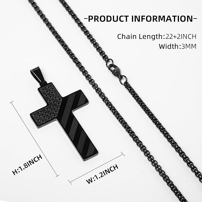 Men's Cross Necklace: Bible Verse & American  Flag Pendant | Stainless Steel Patriotic Faith Chain - Bold Gift for Him men boy black tone Strength Inspiration