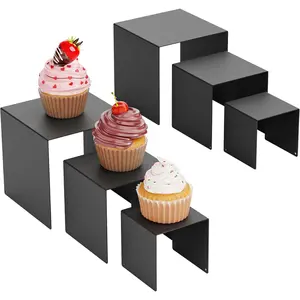 Matte Metal Display Stand,6 Pcs 2 Set Display Risers for Display, Metal Rectangular Display Shelf for , Dessert, Toys, Perfume (Black, 3''x4''x5)