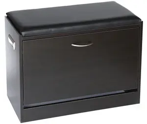 Basicwise QI003384 Wooden Fold-Out Storage Bench with Leather Cushion Shoe Organizer, Black