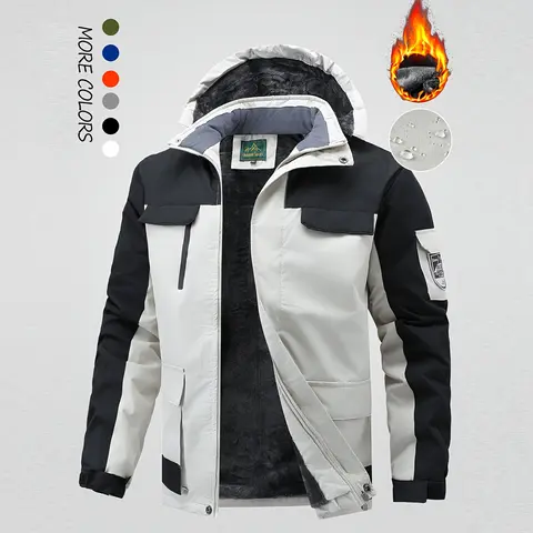 Men's Winter Wool Lined Thermal Ski Jacket, Waterproof Windproof Hooded Warm Outdoor Zip-Up Long Sleeve Coat, Fleece Lining, Thick Sports Hiking Jogging Camping Fishing Mountaineering Travel Ski Casual Windbreaker Jacket
