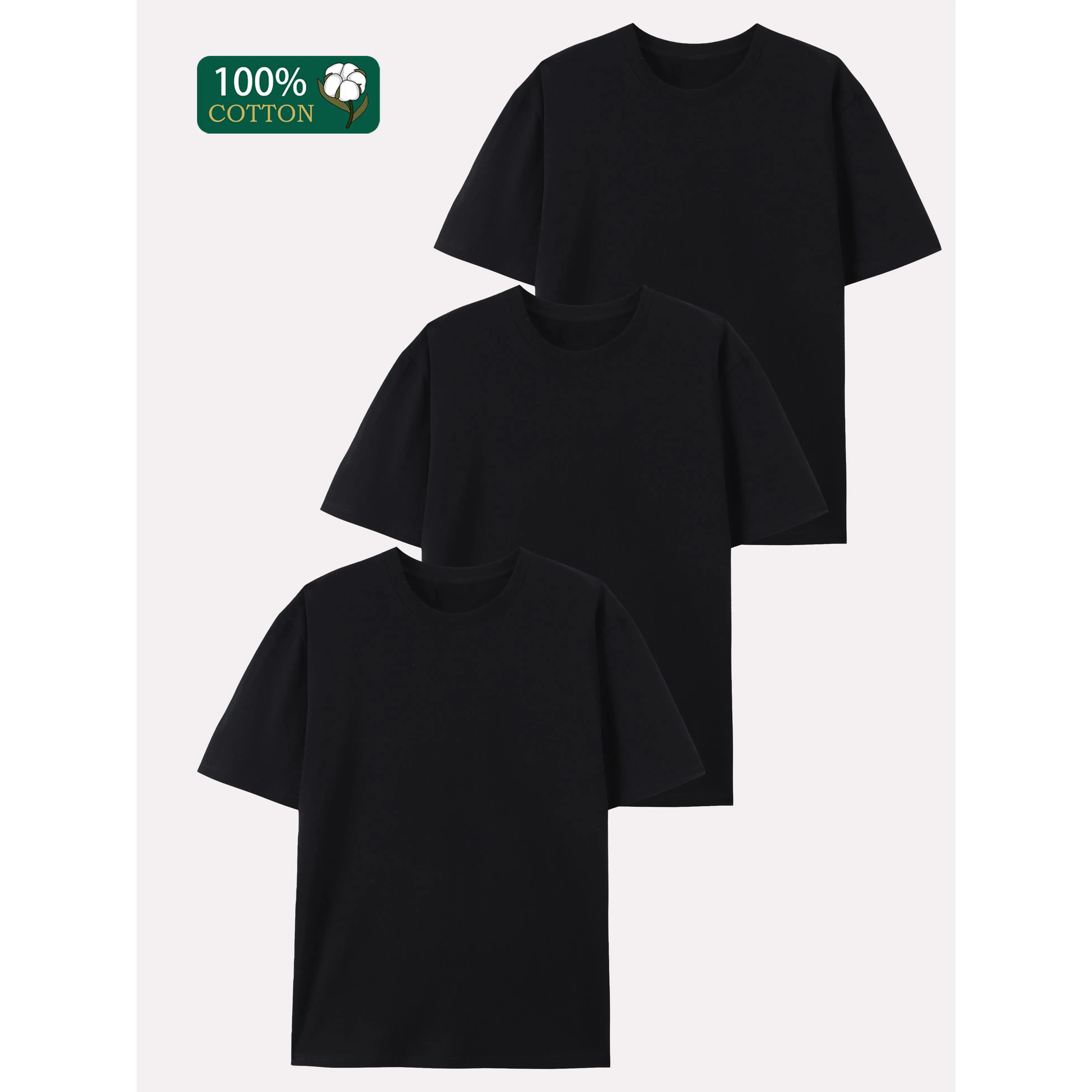 Men's 3-Pack 100% Preshrunk Cotton Shortsleeve Round Neck Seamless Plain Blank Tees, Casual Basics Streetwear Loungewear, Unisex Fit Black Crewneck Top Set, Menswear