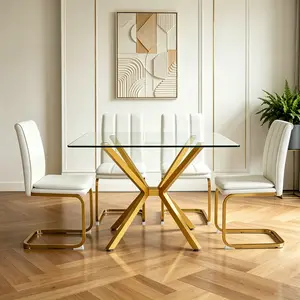 Modern Clear Glass Dining Table Gold Metal Legs Kitchen Table for Dining Room Kitchen Living Room Small Space Apartment Decor Transparent