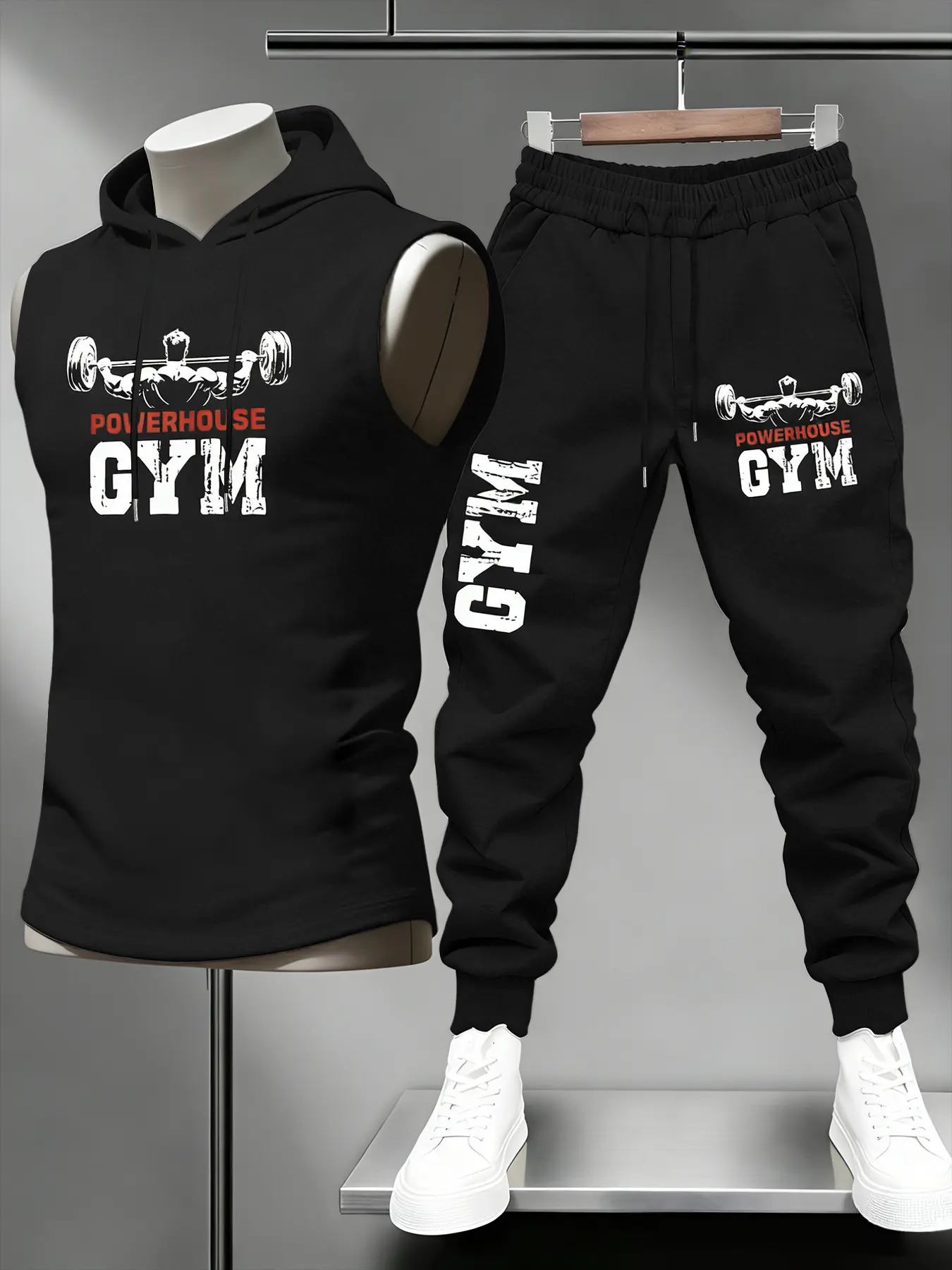 Men's Powerhouse Gym Hooded Sleeveless Tank Set, Soft Skin-Friendly, Quick-Dry, Sweat-Wicking, Comfortable for Training and Daily Wear, Sweat Suit Set, Gym Clothing, Fitness Clothing, Gym Clothes Set, Gym Workout Clothes