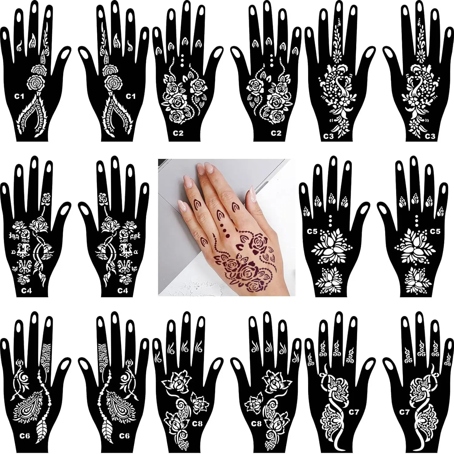 16 Sheets Henna Tattoo Stencils kit,Reusable Hand Stencils for Hand Glitter Airbrush DIY Tattooing Indian Temporary Tattoo Stickers, Gifts
