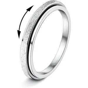 Fidget Rings for Women Men -2 4mm Titanium Steel Spinner Ring for Anxiety Stress Relief Glitter Sandblast Spinning Figit Anxiety Jewelry for Women Gifts