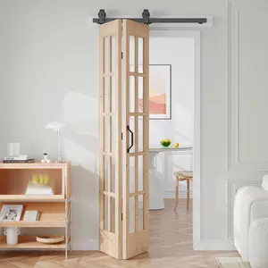 36 x 84 in (Double 18x84 inch) Bifold French Glass Door, Sliding Folding Barn Doors with 3.3FT Hardware Track Kit Included, Preassembled, Easy Install