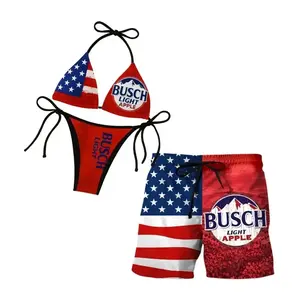 Matching Couple Swimwear Set, Apple Beer USA Flag Bikini & Board Shorts, Funny 4th of July Patriotic Outfit