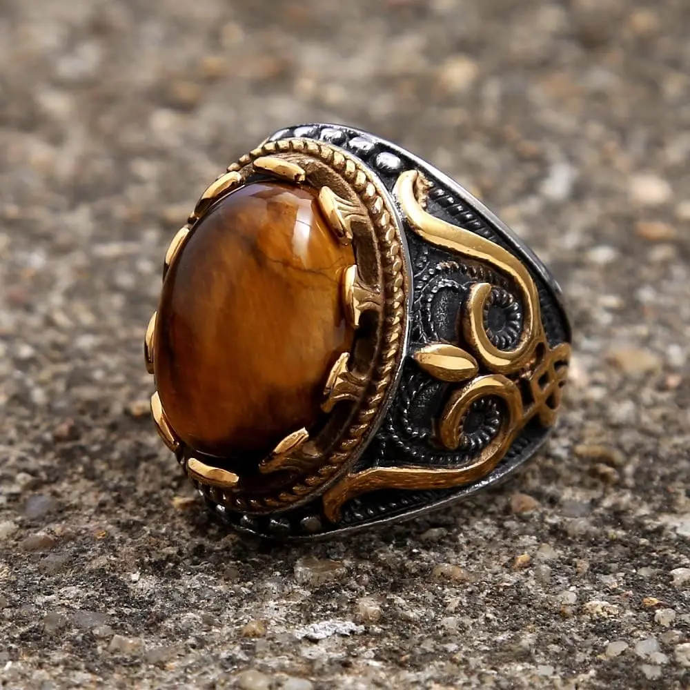 Men's Retro Oval Tiger's Eye King Crown Two-Tone Turkish Ring