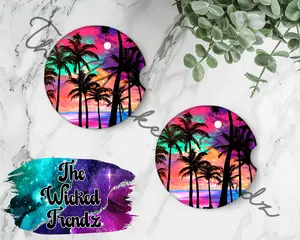Cute Car Coasters Set of 2 Palm Tree Tropical Beach Life Cute Car Truck Accessories Decor Cup Holder New Car Gift Car Decoration Women Man Girl Car