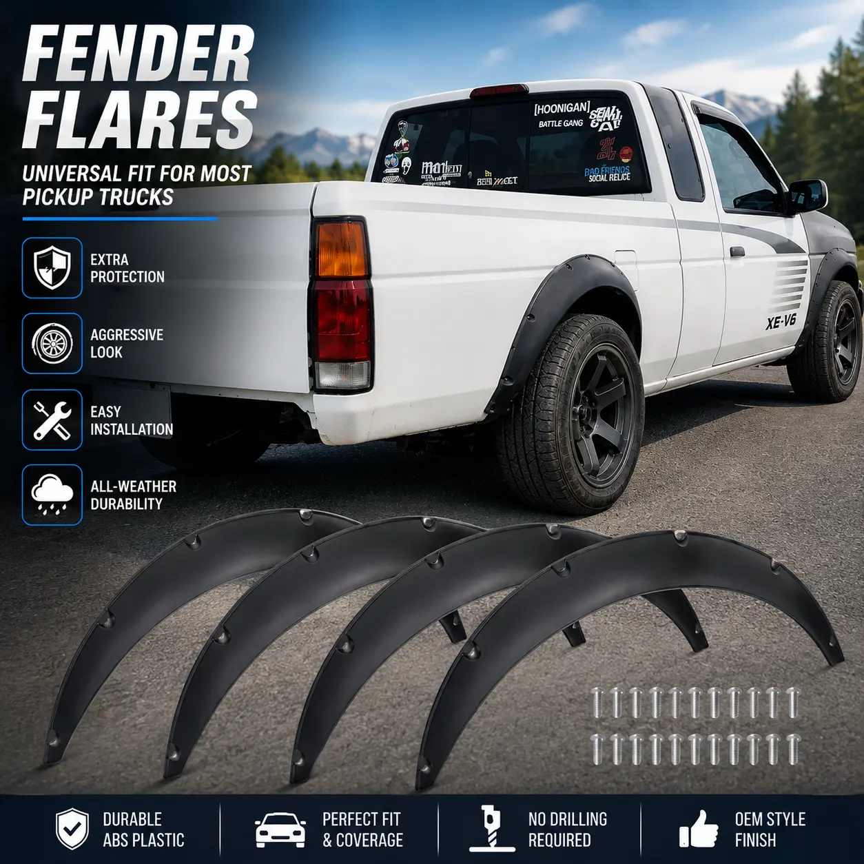 Universal Fender Flares Wheel Arch Extension Kit - ABS Wide Body Car Fender Protector Trim, Off-Road Rivet Style Cover for Trucks, Car Accessories for Exterior Modification