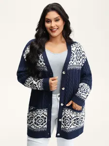 【 V-neck】 Bloomchic Cable Knit Floral Jacquard Pockets Knit Cardigan Fit Women Knitwear Button Sleeve Womenswear Print Tops Knitting cardigan