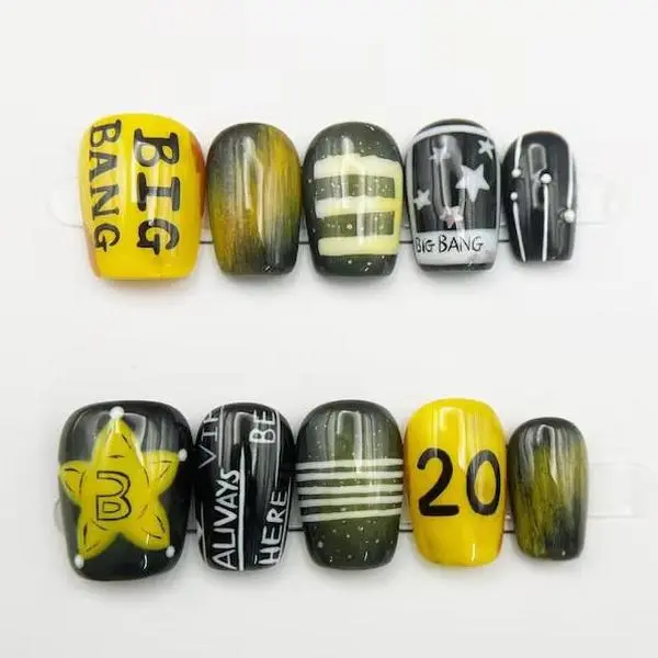 Handmade BigBang VIP Press On Nails | Kpop Inspired Black Yellow Nail Set | G-Dragon Fan Nails | Cute Graphic Short Square Fake Nails