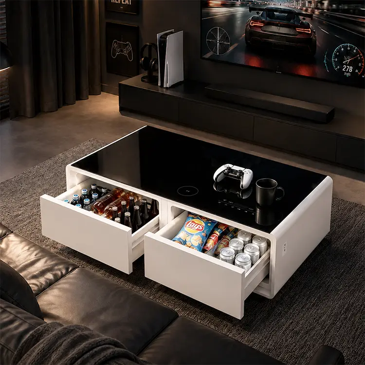 Minimalist Decluttering Rectangular Smart Coffee Table - 135L Single Unit with Dual Fridge Drawers, Wireless Charging Pad, USB Charging Ports for Apartment Indoor Furniture