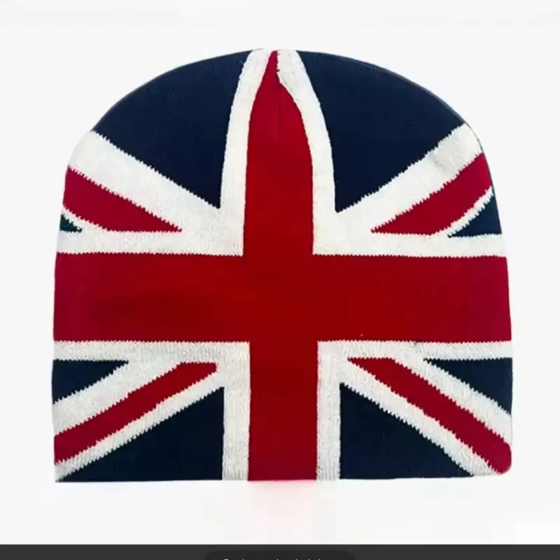 Unisex Autumn Winter UK Union Jack Jacquard Knit Beanie, Warm Cuffed Skull Cap for Cold Weather Street Style Fashion
