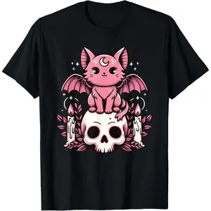 Kawaii Pastel Goth Cute Creepy Cat Bat Skeleton Men Women Summer Casual Shortsleeve Cotton T-Shirt Streetwear Tshirt