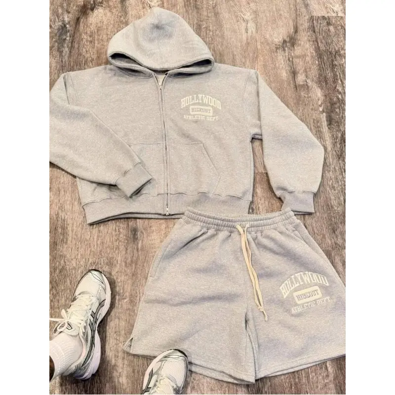 Men's zip-up hoodie and shorts set, featuring gothic fonts and cross patterns - a casual streetwear outfit suitable for urban style