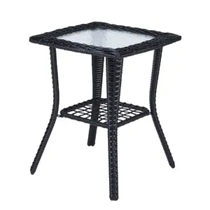 Outdoor Wicker Side Table with Ripple Glass Top, Rattan Patio End Table with Lower Shelf, Black Handwoven Bistro Coffee Table for Garden, Porch, Balcony, or Indoor Living