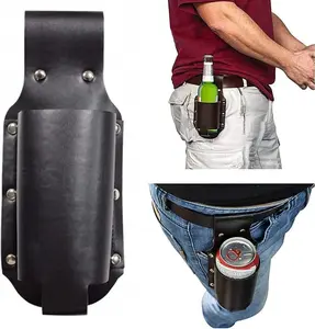 Leather Multi-Purpose Drink Holder PU Leather Beer Holster Waist Bag Travel Pouch for 12 Ounce Beer Bottle Can Soda Beverage Holder for Picnic Beach Barbeques