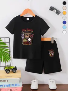 Summer Boys' Fashion T-Shirt Short Sleeve + Loose Shorts Set, Classic Sets, Cartoon Game Classic Pattern, Five Nights at Freddy's Letters, Casual Daily Wear