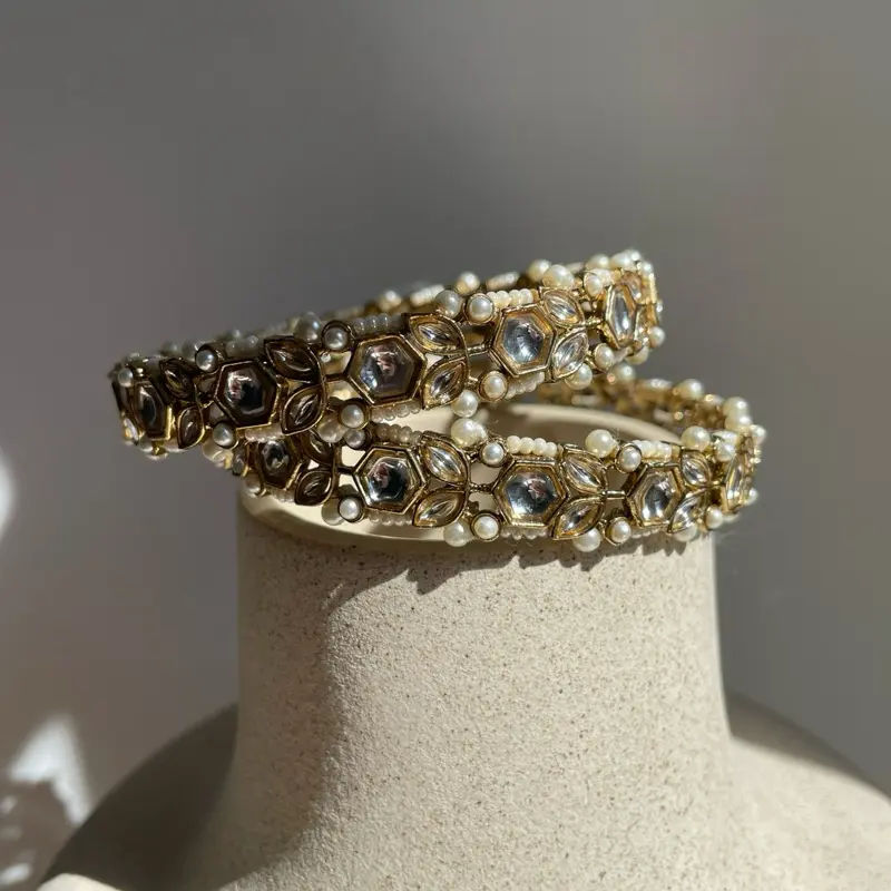High Metal Plated Gold Kundan-Pearl Rajwada Bangles - Traditional Indian Adult Jewelry with Toggle Clasp Chains, Elegant Design for Weddings & Nikaah