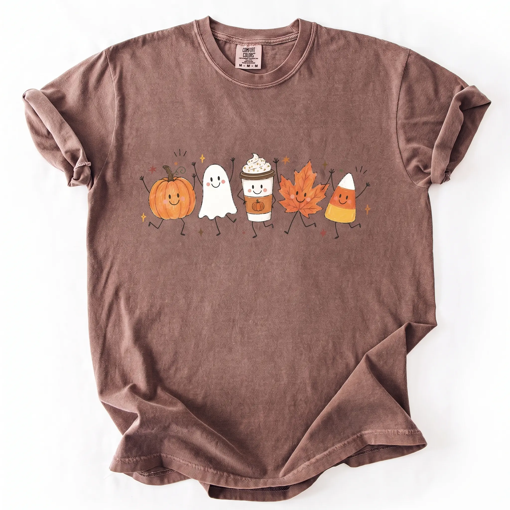 Cute Autumn Halloween T-Shirt, Fall Pumpkin Ghost Maple Leaf Pumpkin Spice Latte Comfort Colors Tee, Spooky Season Graphic Shirt for Women