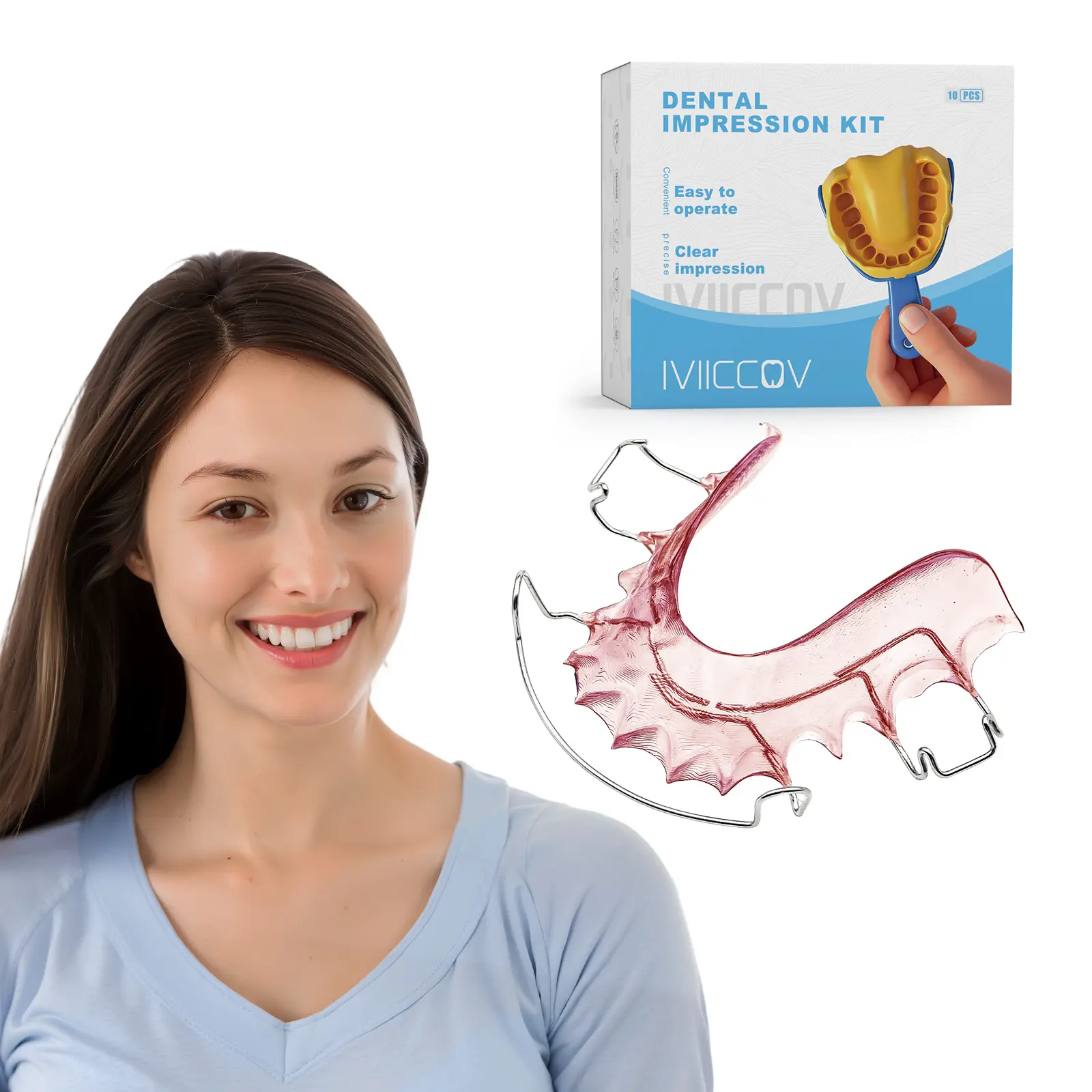 IVIICCOV Unscented Blue Acrylic Hawley Retainers for Adults - 500g, Adjustable Stainless Steel Wire, Upper & Lower Set with At-Home DIY Impression Kit, Permanent Mold Storage, Oral & Teeth Care Dental Accessory for Aligned Teeth Orthodontic Needs