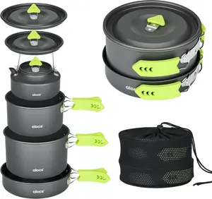 Alocs Camping Cookware Set, Lightweight Portable Camping Pots and Pans Set with 3L Pot 1.7L Pot 8" Non-Stick Frying Pan 0.8L Kettle, Outdoor Cookware for Camping Backpacking Hiking Picnic 2-4 People