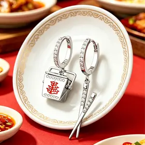OUFER 18 Karat Plated Brass Statement Hoop Earcuff - Chopstick Motif Chinese Takeout Container Design, Silver & Gold Options, Women's Stylish Daily Wear Costume Jewelry, Ideal Jewelry Gifts