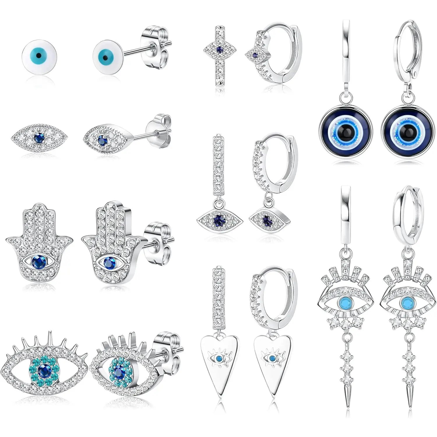 Sanfenly Women's 9-Pair Evil Eye Earrings Jewelry Set - 14k Silver-Gold Plated Huggie Hoops, Dangles, Studs with White Blue Cubic Zircon, Brass Base, Tarnish Resistant, Unisex Fit for Casual, Beach Activities