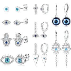 Sanfenly 9 Pairs Evil Eye Earrings for Women 14k Silver Gold Plated Evil Eye Huggie Hoop Dangle Earrings and Stud Earrings Set Dainty White Blue Cubic Zircon Eye Earrings, Casual, Daily Wear