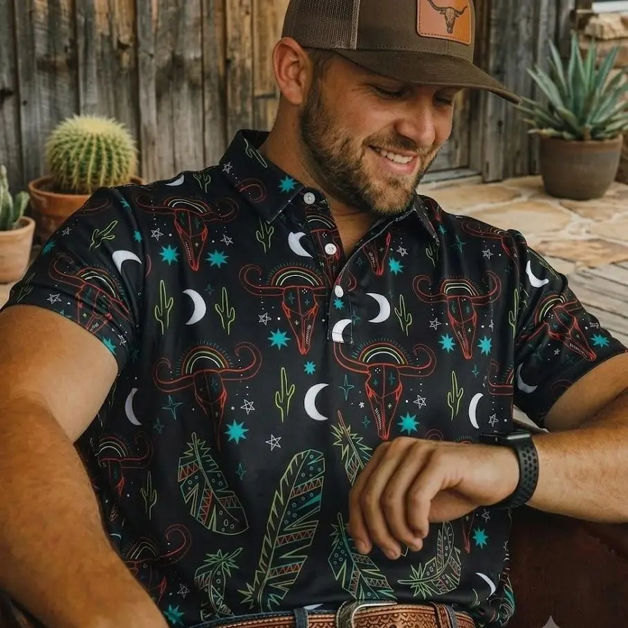 Desert Nights Western Polo Shirt for Men, Neon Cowboy Golf Shirt, Black Southwestern Cactus Patterned Top, Bull Skull Feather Print Polo, Gift for Cowboy Husband Dad, Country Rodeo Casual Wear, Gothic Western Polo, Father Day Gift, Mens Summer Clothing